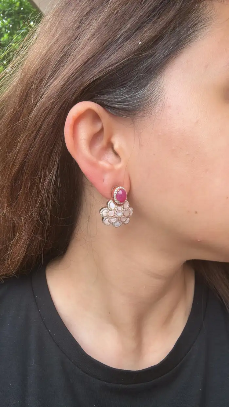 18k Rose Gold Diamond Stud Earrings - Natural Ruby & Mother Of Pearl Dangle Earrings