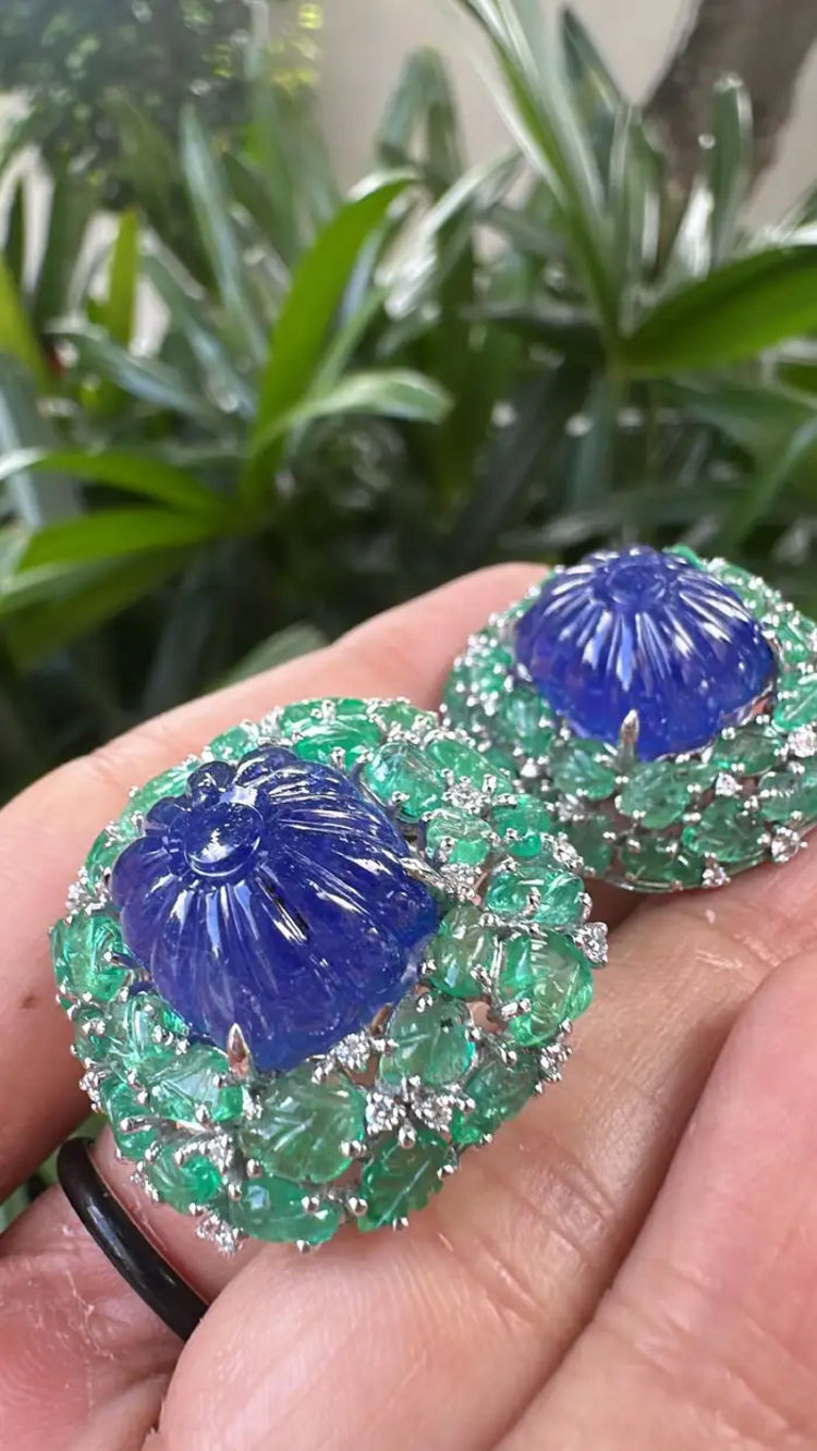 18k White Gold Diamond Stud Earrings - Hand Carved Tanzanite & Zambian Emerald Earrings