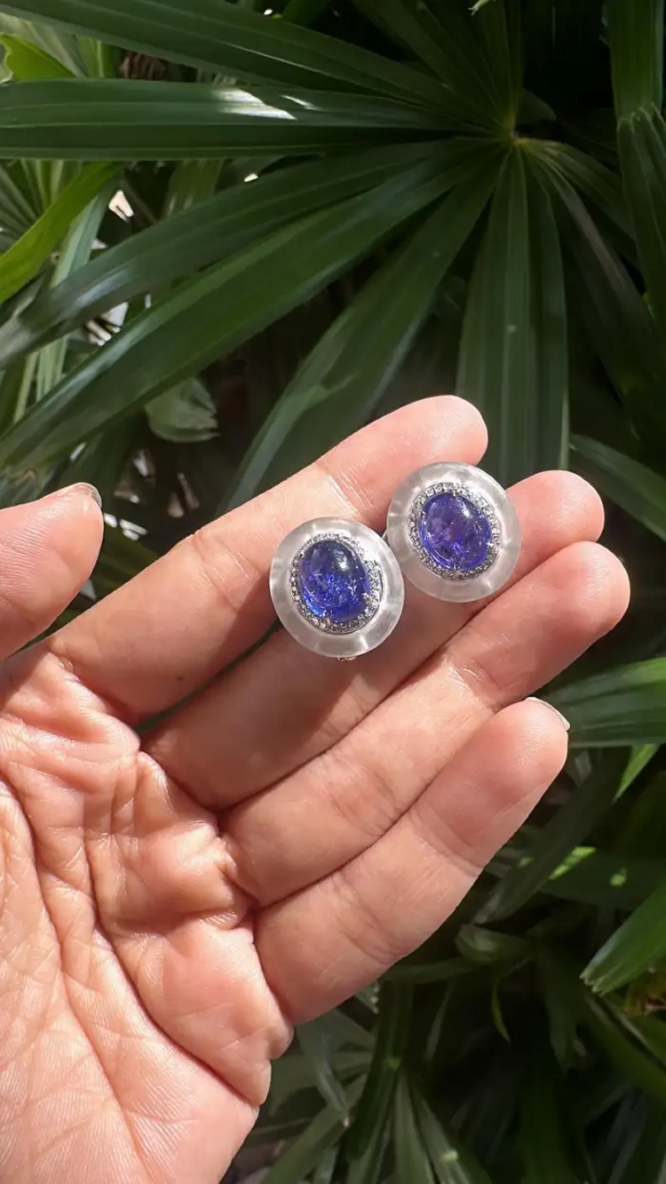 Set in 18K Gold, Tanzanite Cabochon, Rock Crystal & Diamonds Stud Earrings