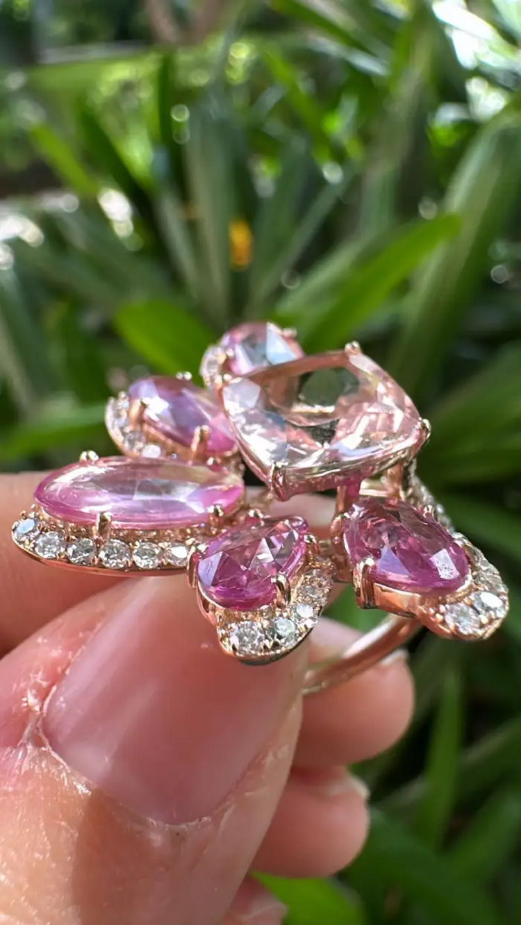 18k Rose Gold Diamond Wedding Ring With Morganite & Pink Sapphire Gemstone