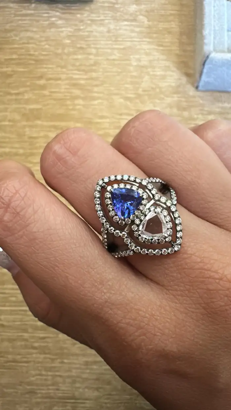 Trillion Shape Tanzanite Gold Ring - Natural Rose Cut Diamond 18k Gold Wedding Ring