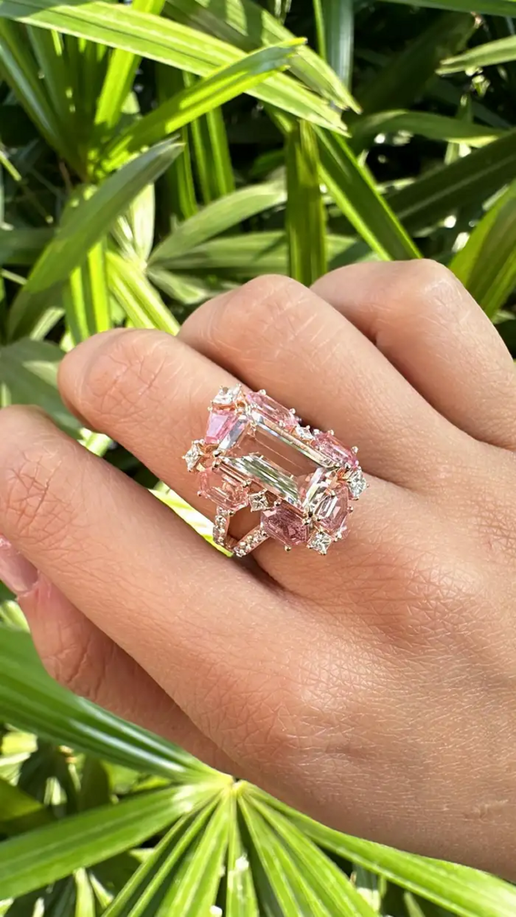 18k Gold, Morganite, Padparadscha Sapphires & Diamonds Engagement Ring