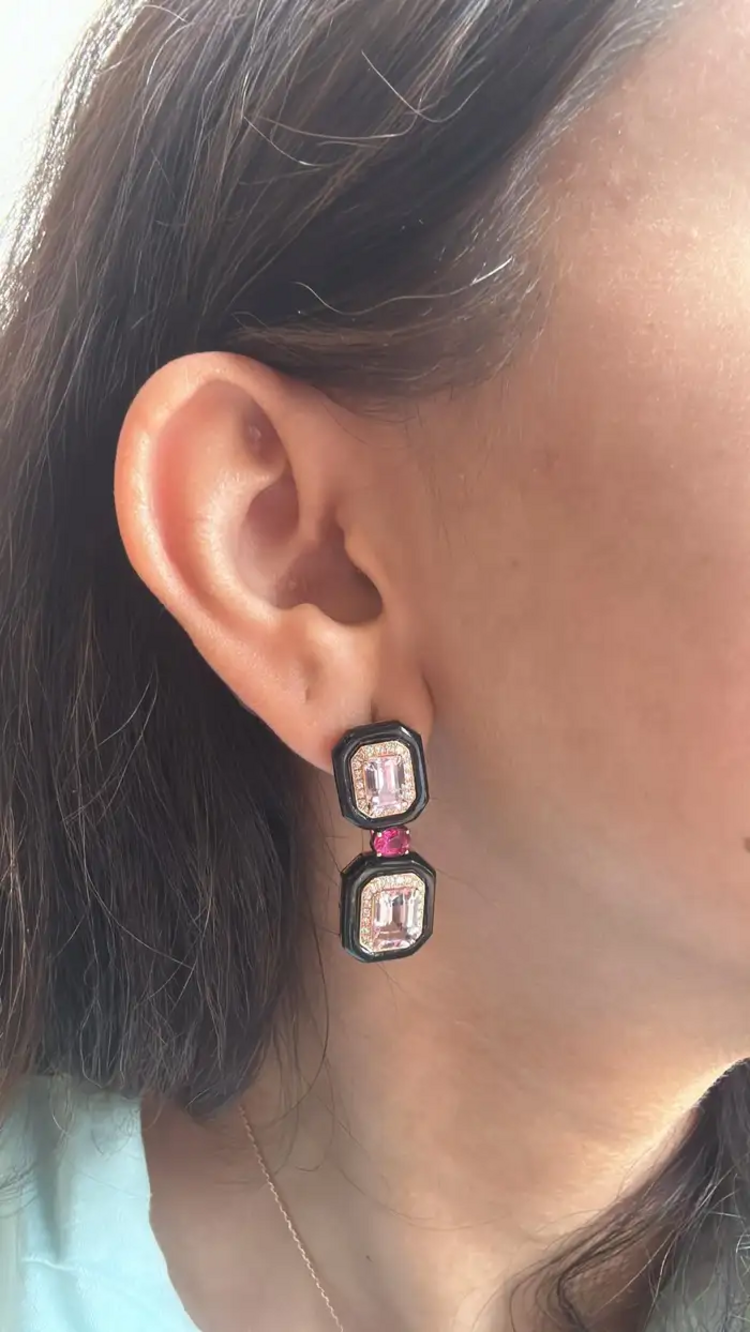 4.79 Ct. Morganite Gemstone Dangle Earrings - Solid 18k Rose Gold Diamond Wedding Earring - Natural Ruby Gemstone & Black Onyx Women Jewelry