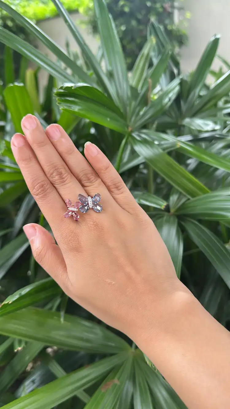 18k Gold Diamond Engagement Ring - Natural Ceylon Pink & Blue Sapphire Stackable Ring