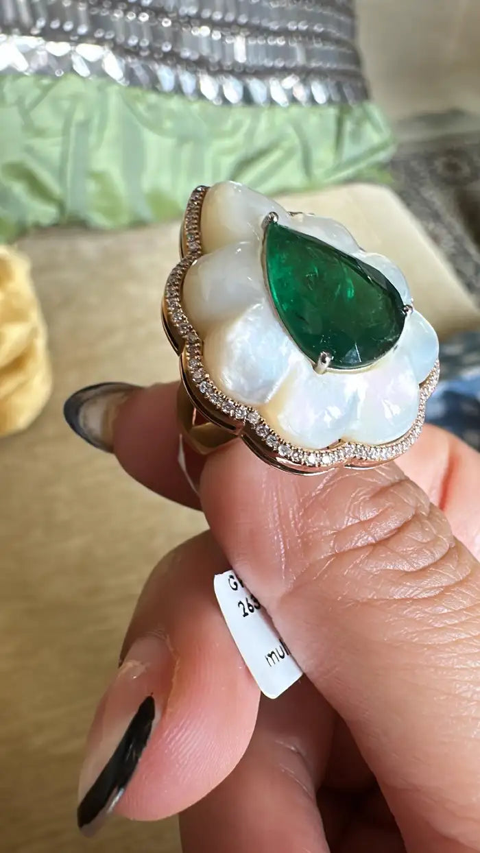 Natural Zambian Emerald & Mother of Pearl Cocktail Ring - 18k Yellow Gold Diamond Wedding Ring