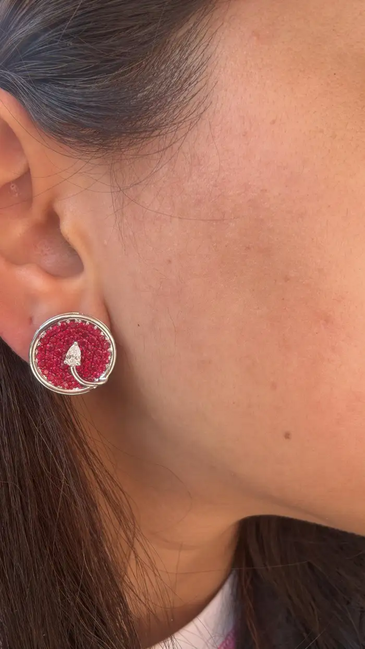 Natural Ruby Gemstone Round Stud Earrings - 18k White Gold Diamond Tiny Earrings