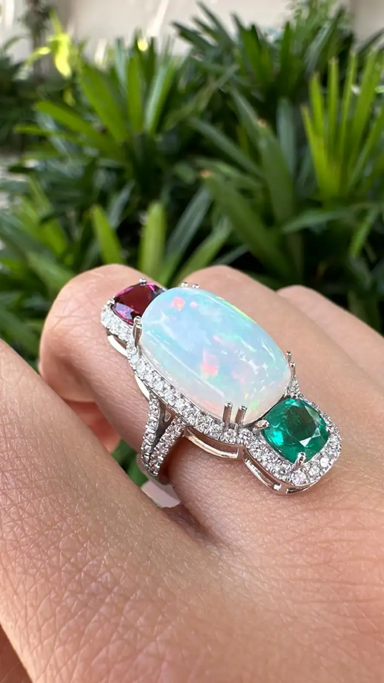 0.84 Ct. Round Cut Diamond 18k White Gold Wedding Ring Natural Ethiopian Opal, Zambian Emerald & Rubellite Gemstone Jewelry Gift