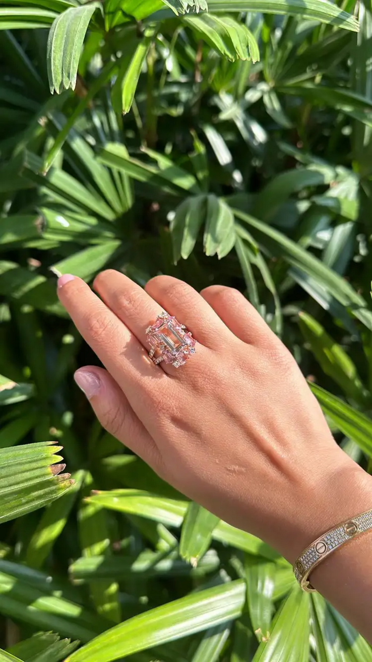 18k Gold, Morganite, Padparadscha Sapphires & Diamonds Engagement Ring