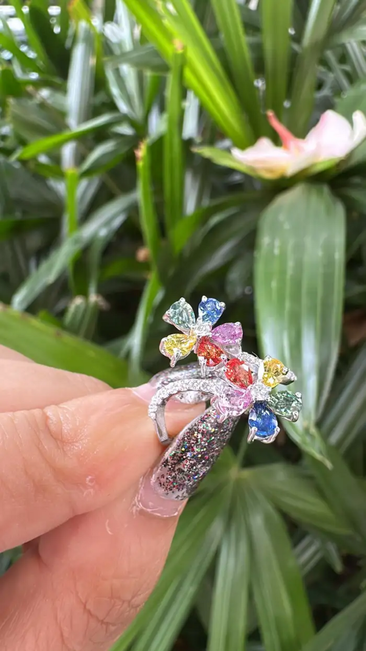 Natural Multi Sapphire Engagement Ring - 18k White Gold Diamond Ring
