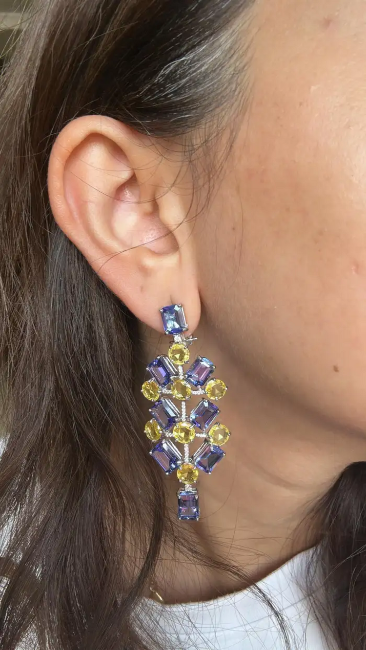 Natural Tanzanite & Yellow Sapphire Dangle Earrings - 18k White Gold Diamond Chandelier Earrings