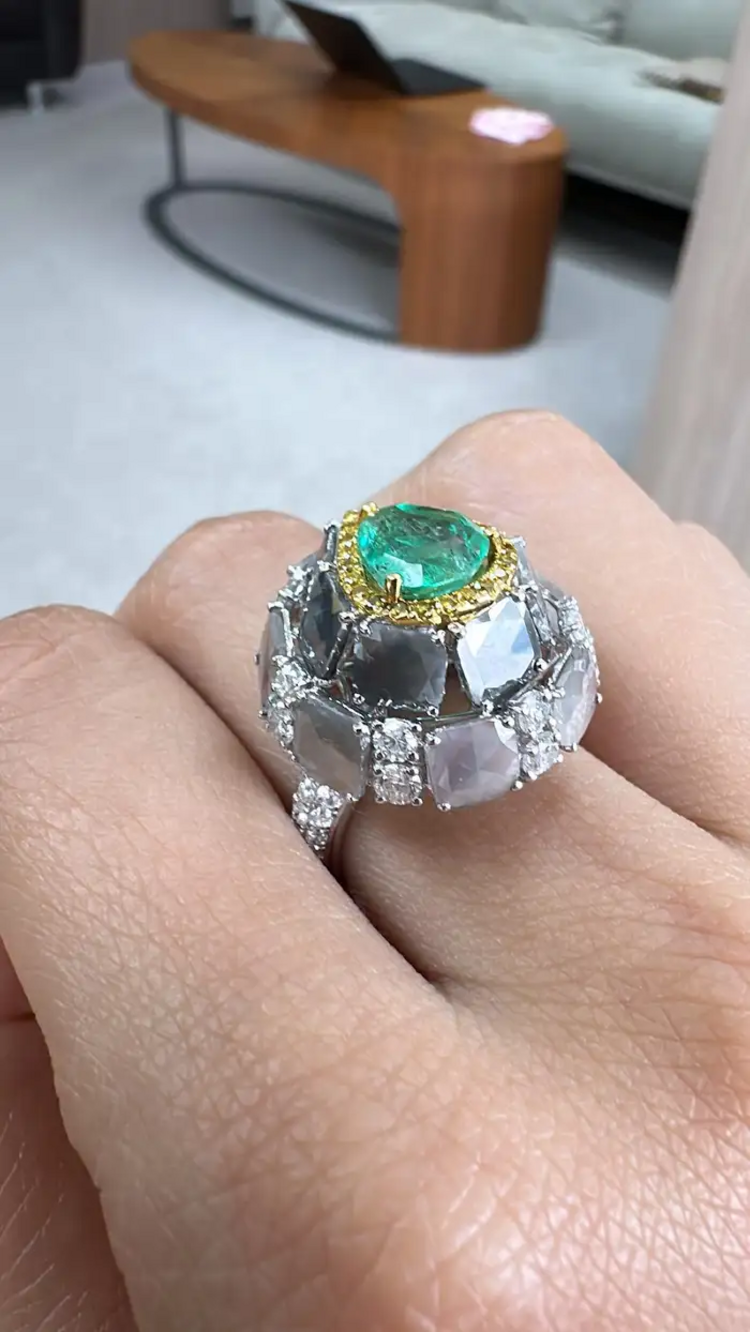 Natural Colombian Emerald & Slice Diamond Wedding Ring - 18k White Gold Ring