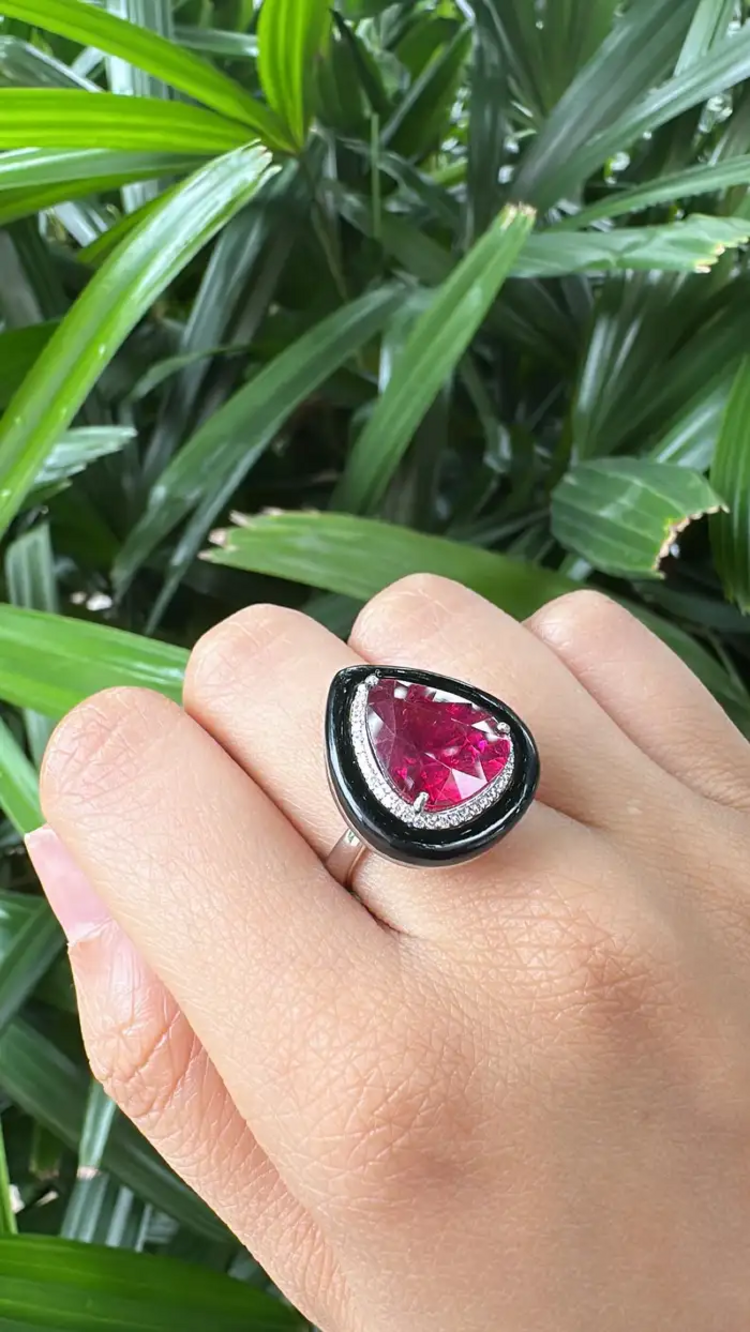 18k White Gold Diamond Cocktail Ring - Natural Rubellite & Black Onyx Ring