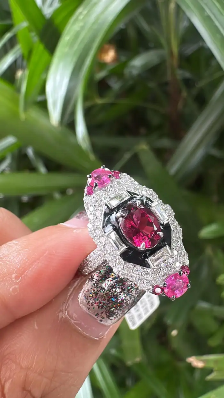 18k White Gold Diamond Ring - Natural Tourmaline & Black Enamel Ring