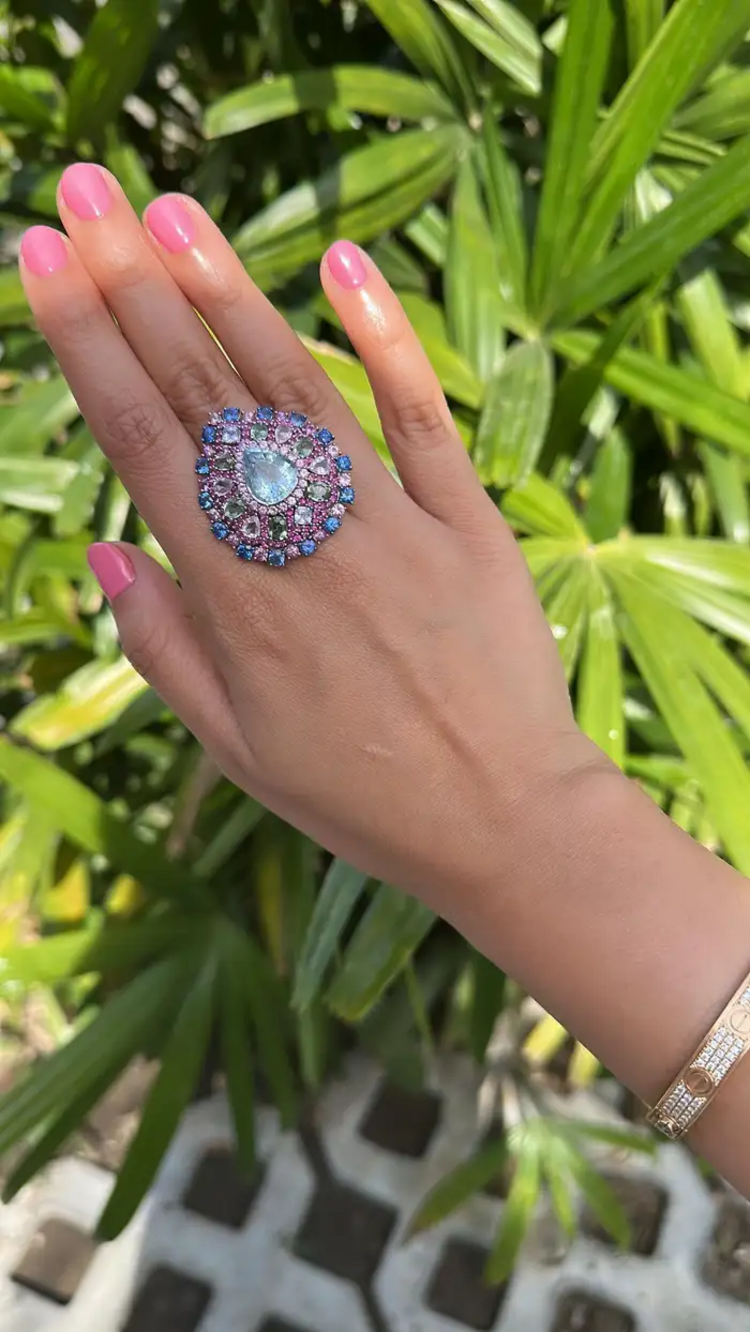 Natural Aquamarine & Multi Sapphire Gemstone Statement Ring - 18k White Gold Diamond Wedding Ring