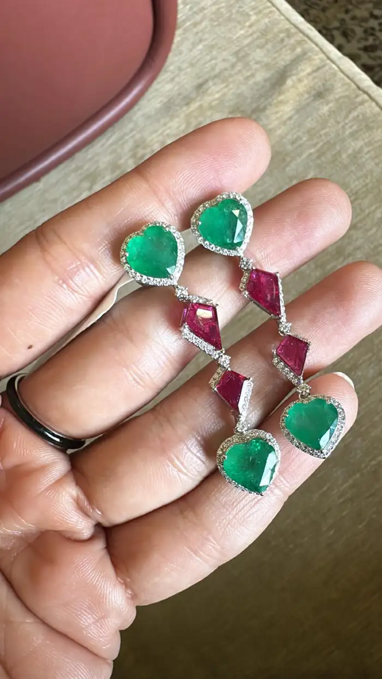 18k White Gold Diamond Chandelier Earrings - Heart Shape Zambian Emerald & Ruby Dangle Women Earrings