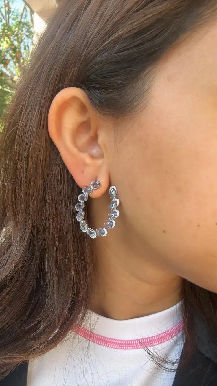 Natural Ceylon Blue Sapphire & Diamond Hoop Earrings - Solid 18k White Gold Handmade Earrings