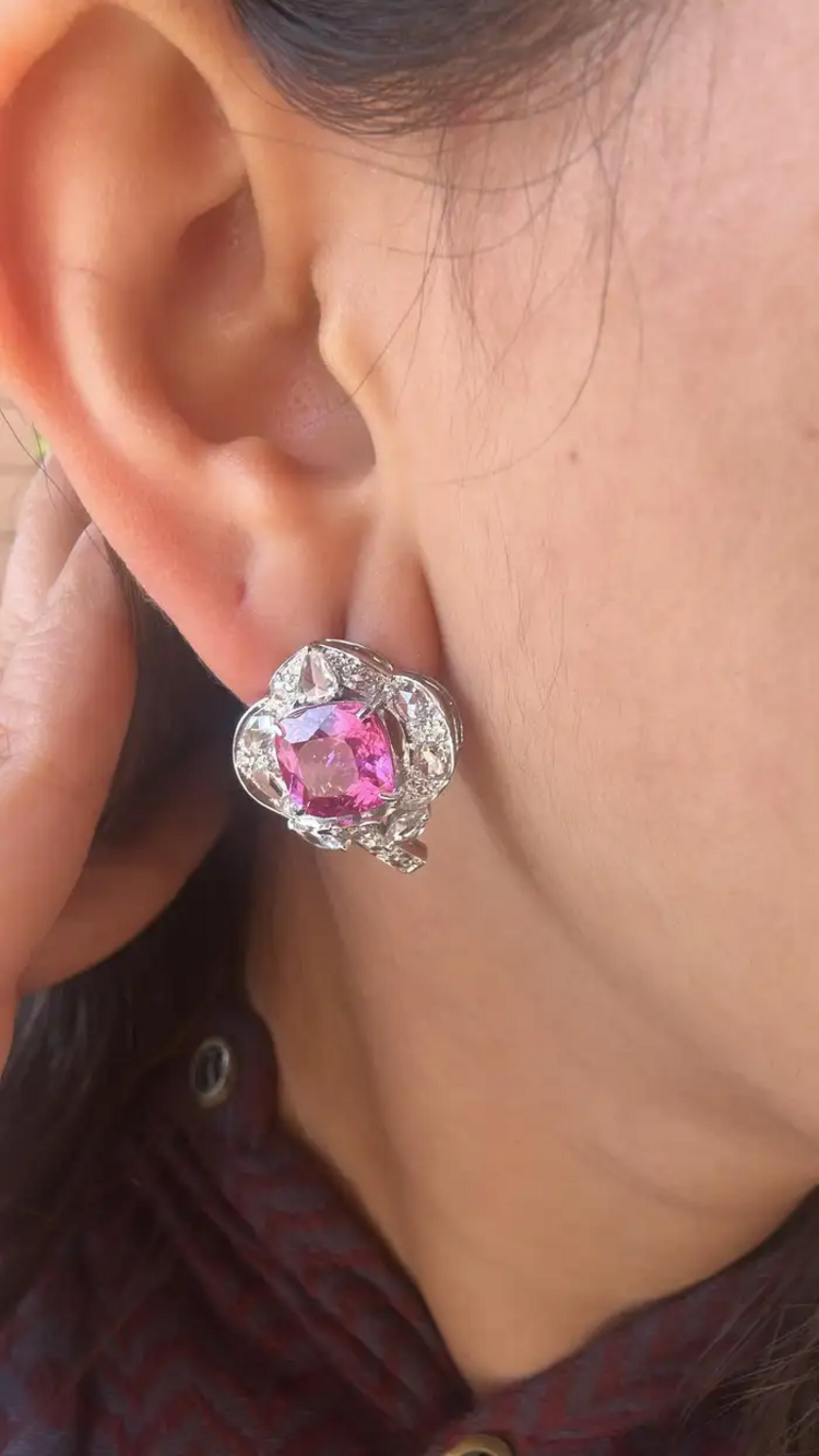 Natural Rubellite & Rose Cut Diamond Stud Earrings Made in 18k White Gold