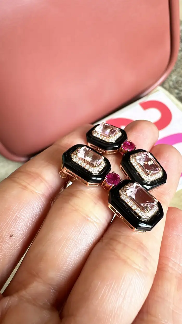 4.79 Ct. Morganite Gemstone Dangle Earrings - Solid 18k Rose Gold Diamond Wedding Earring - Natural Ruby Gemstone & Black Onyx Women Jewelry