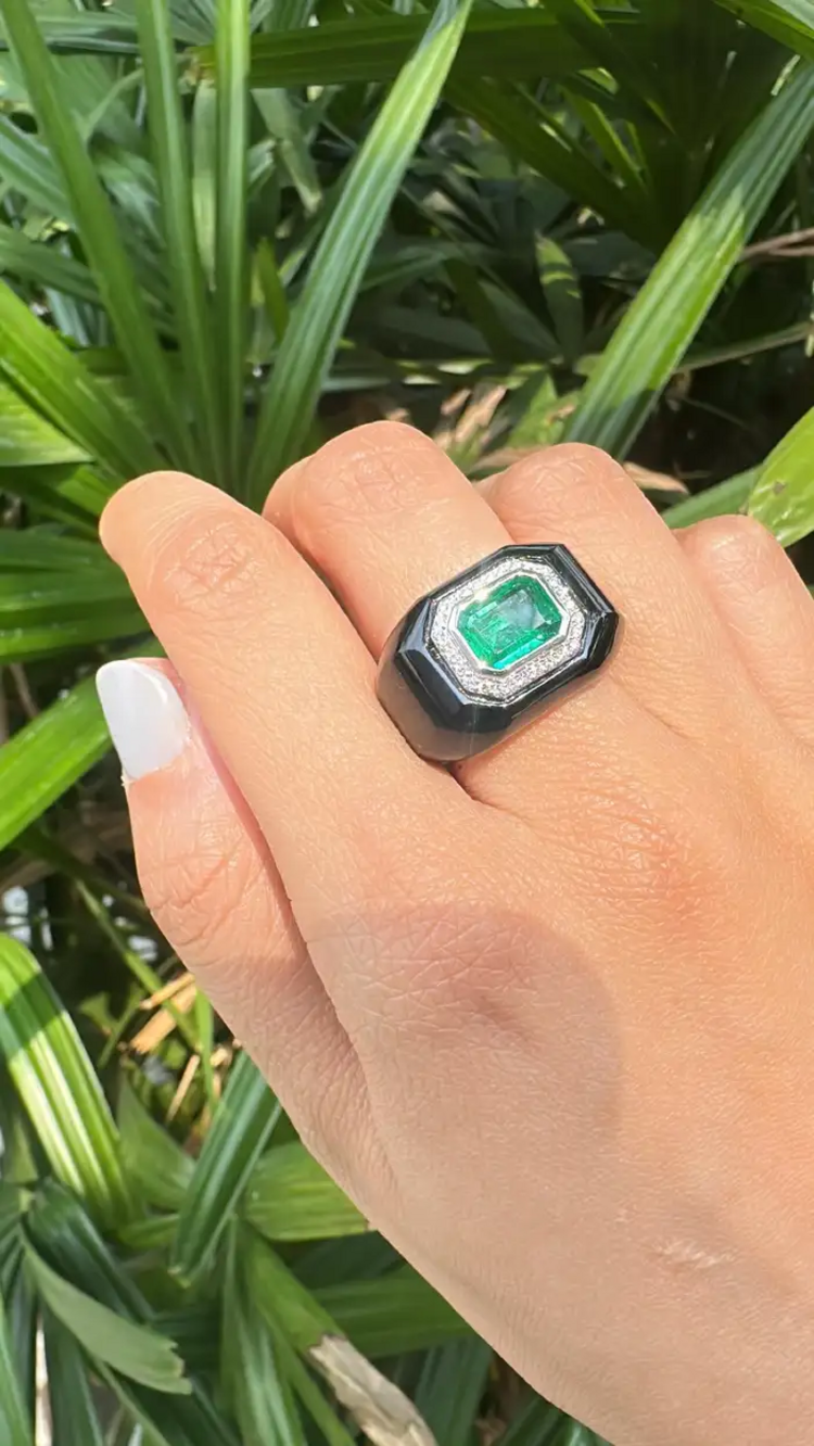 18k White Gold Diamond Ring - Natural Zambian Emerald & Black Onyx Wedding Ring