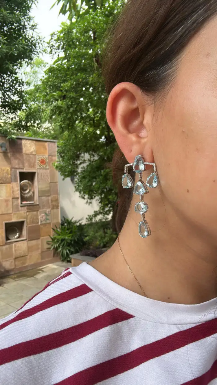 Aquamarine Gemstone Dangle Earrings - 18k White Gold Diamond Chandelier Earrings