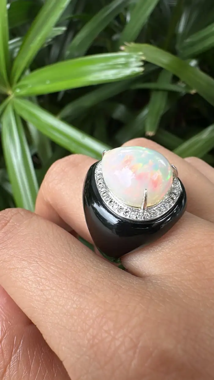 18k White Gold Diamond Ring - Natural Black Onyx & Ethiopian Opal Art Deco Style Ring