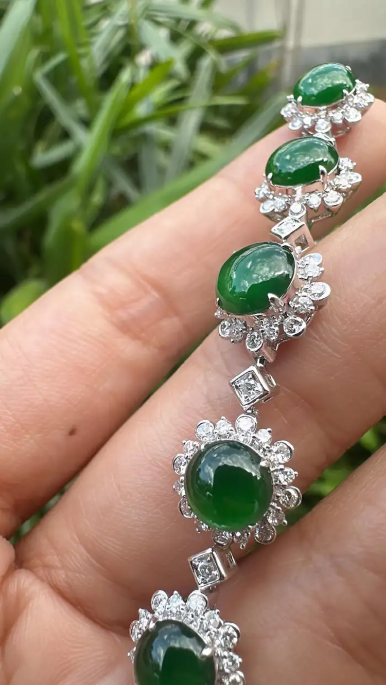 7.70 Ct. Burmese Jadeite & Diamond Bracelet - 18k White Gold Handmade Women Bracelet
