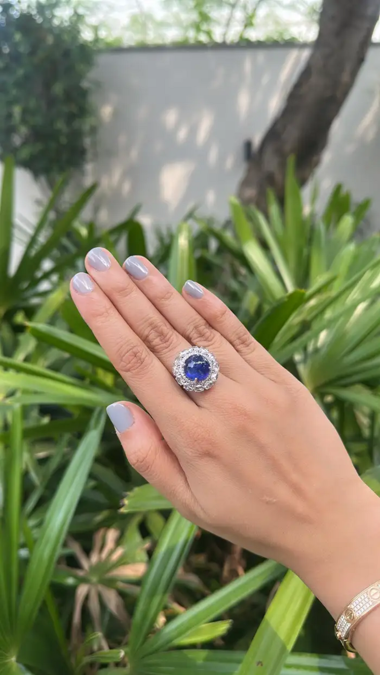 Natural Round Tanzanite & Rose Cut Diamond Cocktail Ring - 18k White Gold Anniversary Gift Ring