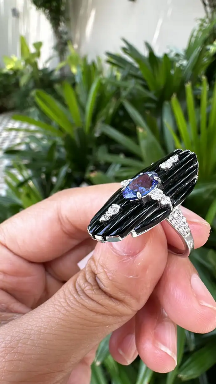 Black Onyx & Tanzanite Gemstone Ring - 18k White Gold Diamond Cocktail Ring