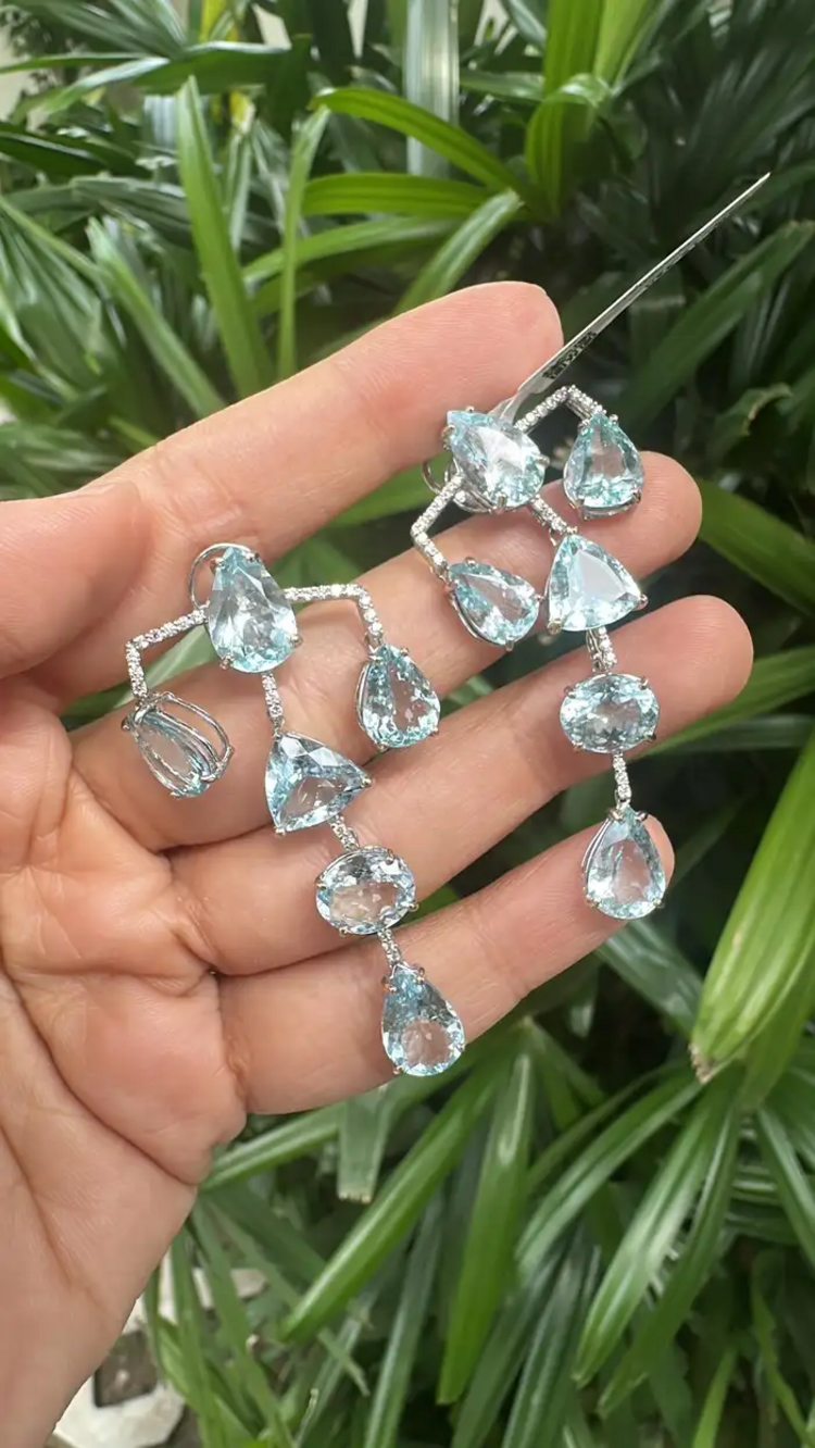 Aquamarine Gemstone Dangle Earrings - 18k White Gold Diamond Chandelier Earrings