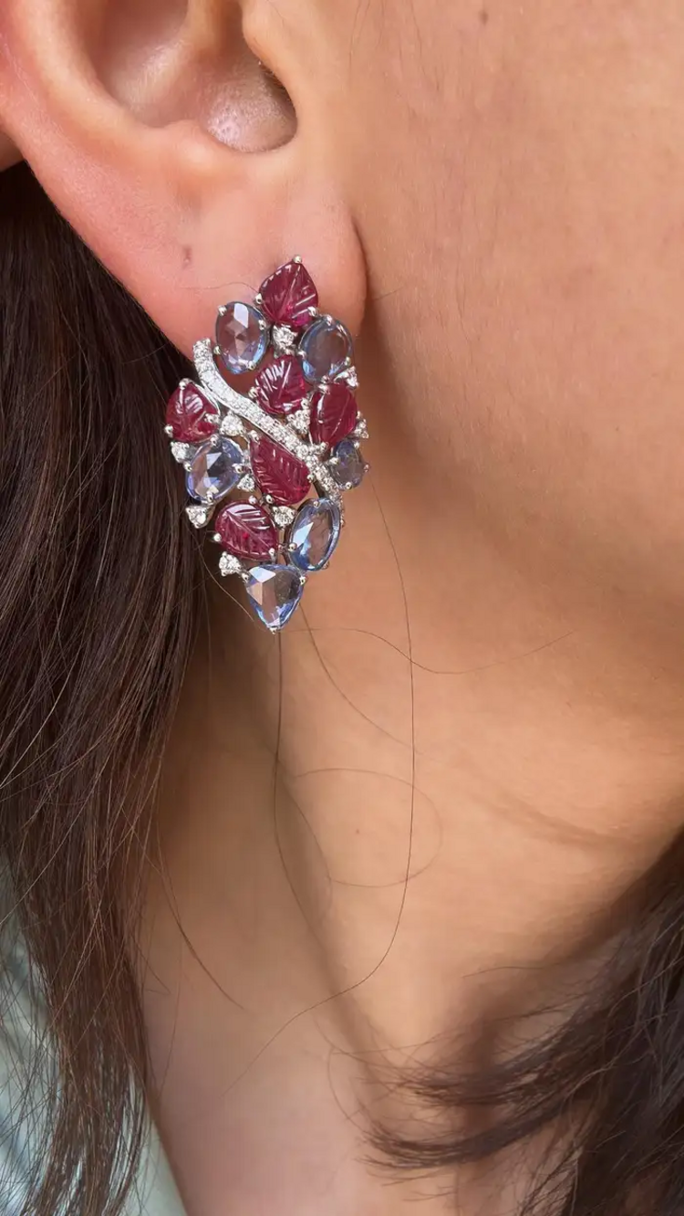 Natural Blue Sapphire & Diamond Earrings - 18k White Gold Carved Ruby Women Earrings