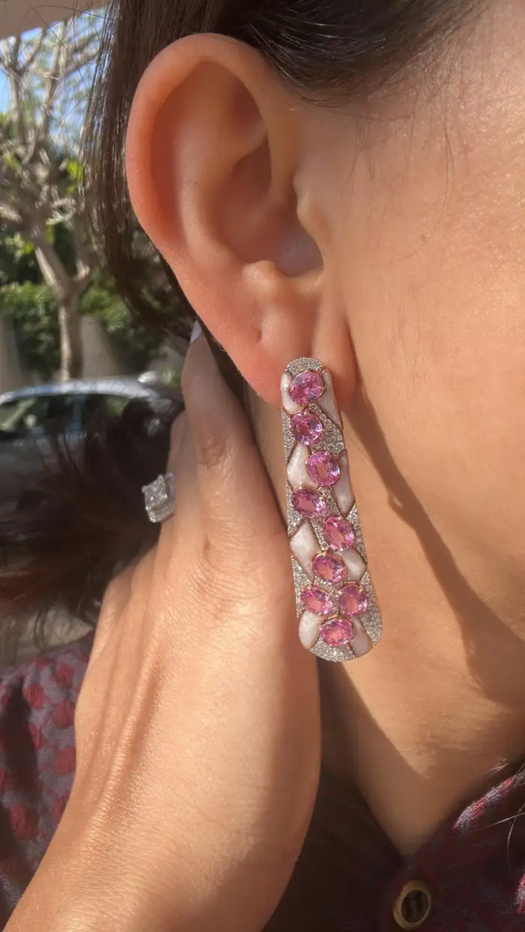 18k Rose Gold Diamond Dangle Earrings - Natural Ceylon Pink Sapphire & White Enamel Women Earrings