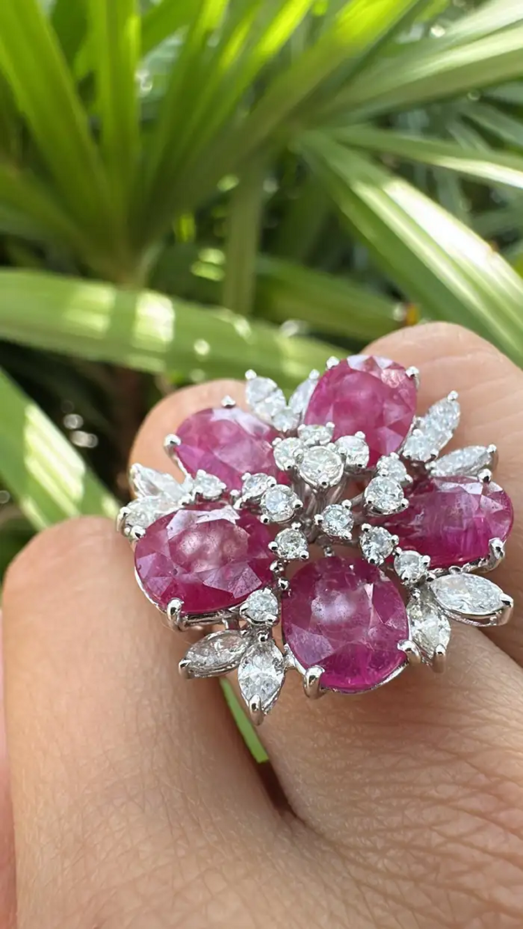 Natural Mozambique Ruby & Diamond Statement Ring - 18k White Gold Handmade Cocktail Ring
