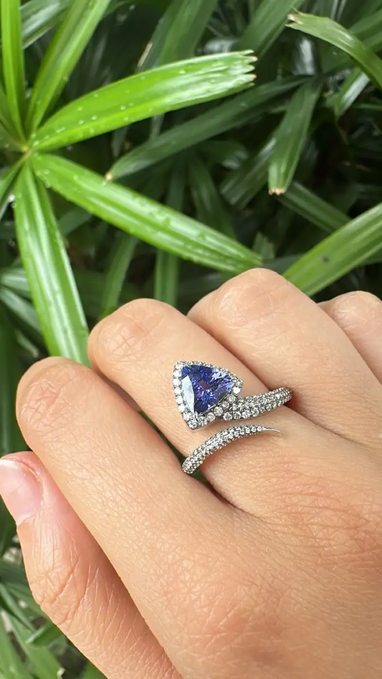 1.58 Ct. Trillion Shape Tanzanite Wrap Ring - 18k White Gold Diamond Handmade Ring