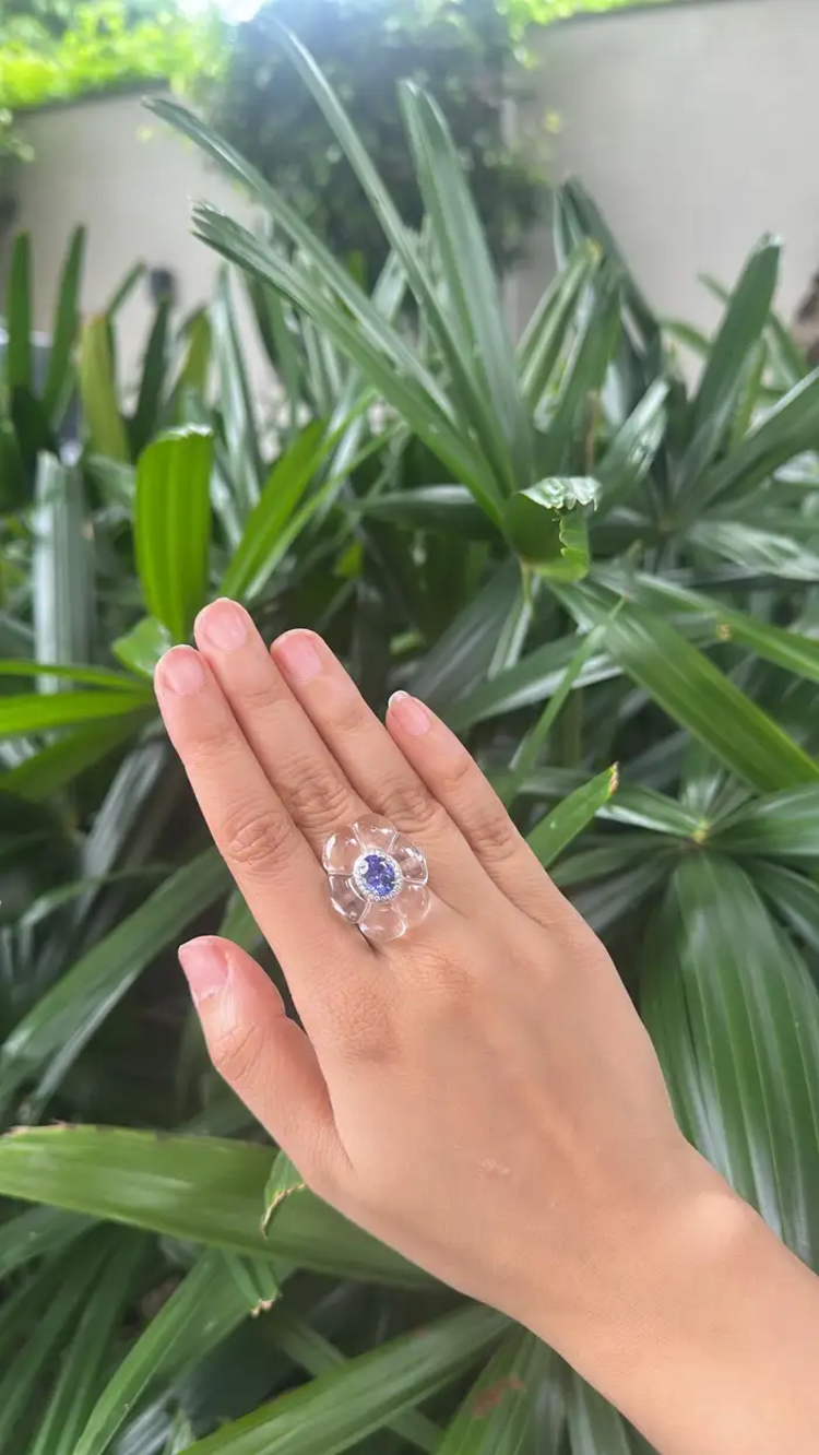 18k White Gold Diamond Cocktail Ring - Natural Tanzanite & Crystal Ring