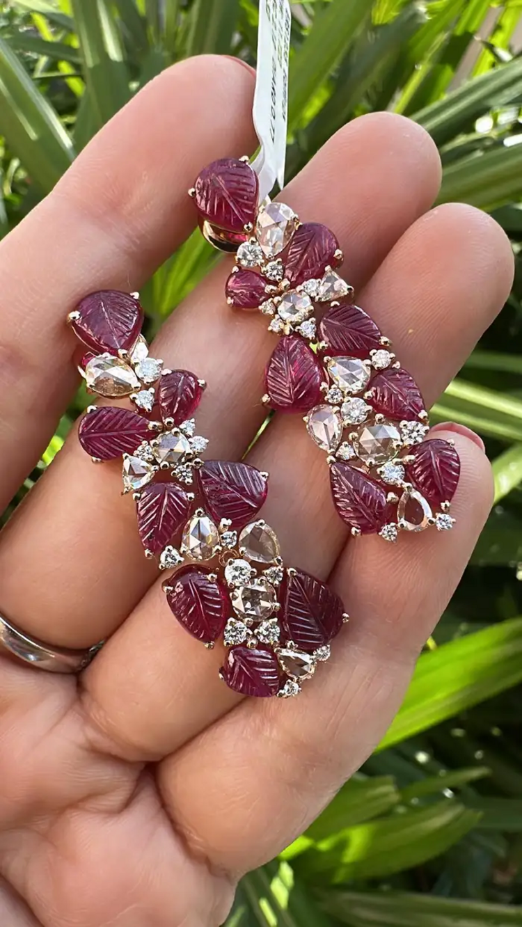18k Rose Gold Mozambique Ruby Dangle Earrings - Natural Rose Cut Diamond Chandelier Earrings
