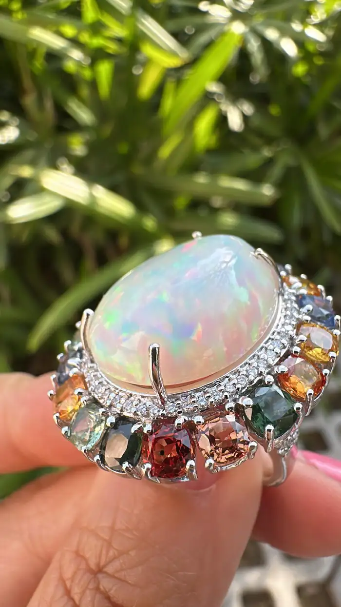 Natural Ethiopian Opal 18k White Gold Statement Ring - Ceylon Multi Sapphire & Diamond Wedding Ring