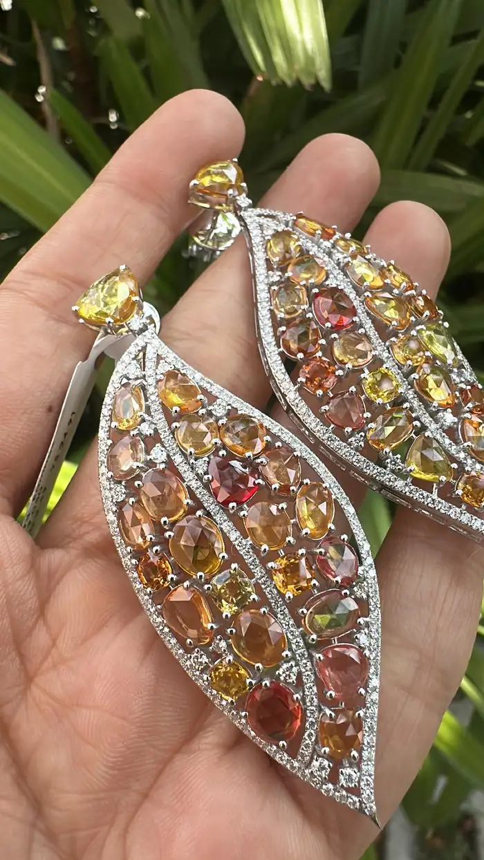 18k White Gold Diamond Dangle Earrings - Natural Yellow Sapphire Gemstone Women Earrings