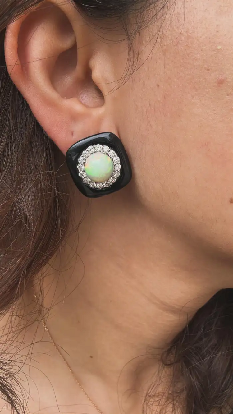 Natural Black Onyx & Ethiopian Opal Stud Earrings - 18k White Gold Diamond Handmade Earrings