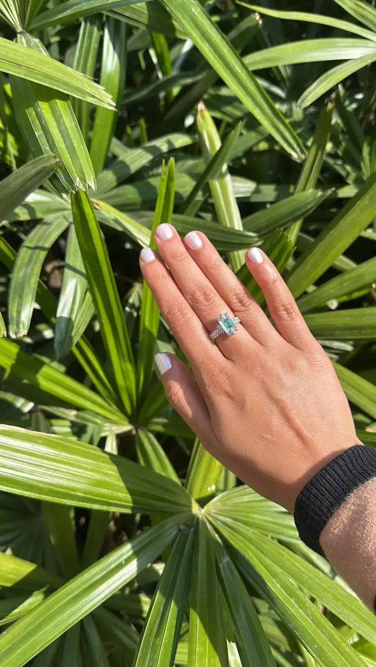 Natural Aquamarine & Zambian Emerald Engagement Ring - 18k White Gold Handmade Ring
