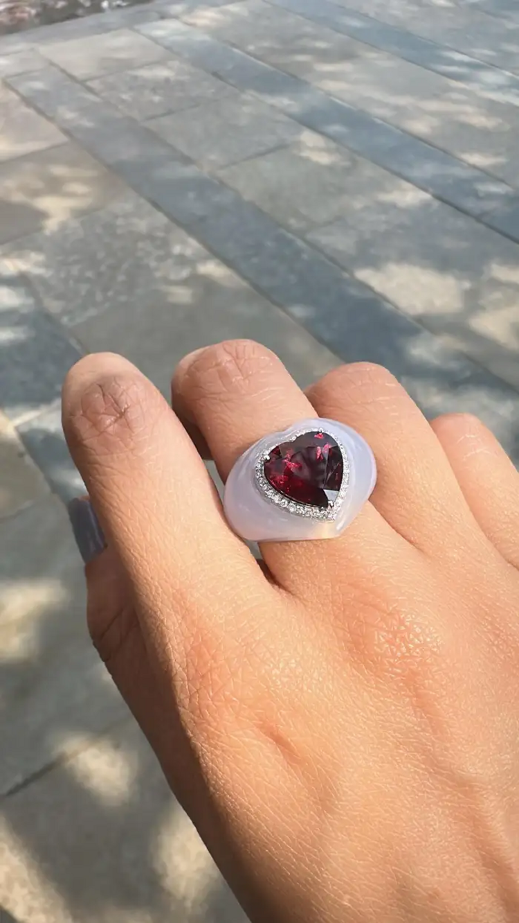 4.93 Heart Shape Rubellite & Chalcedony Anniversary Ring - 18k White Gold Diamond Cocktail Ring