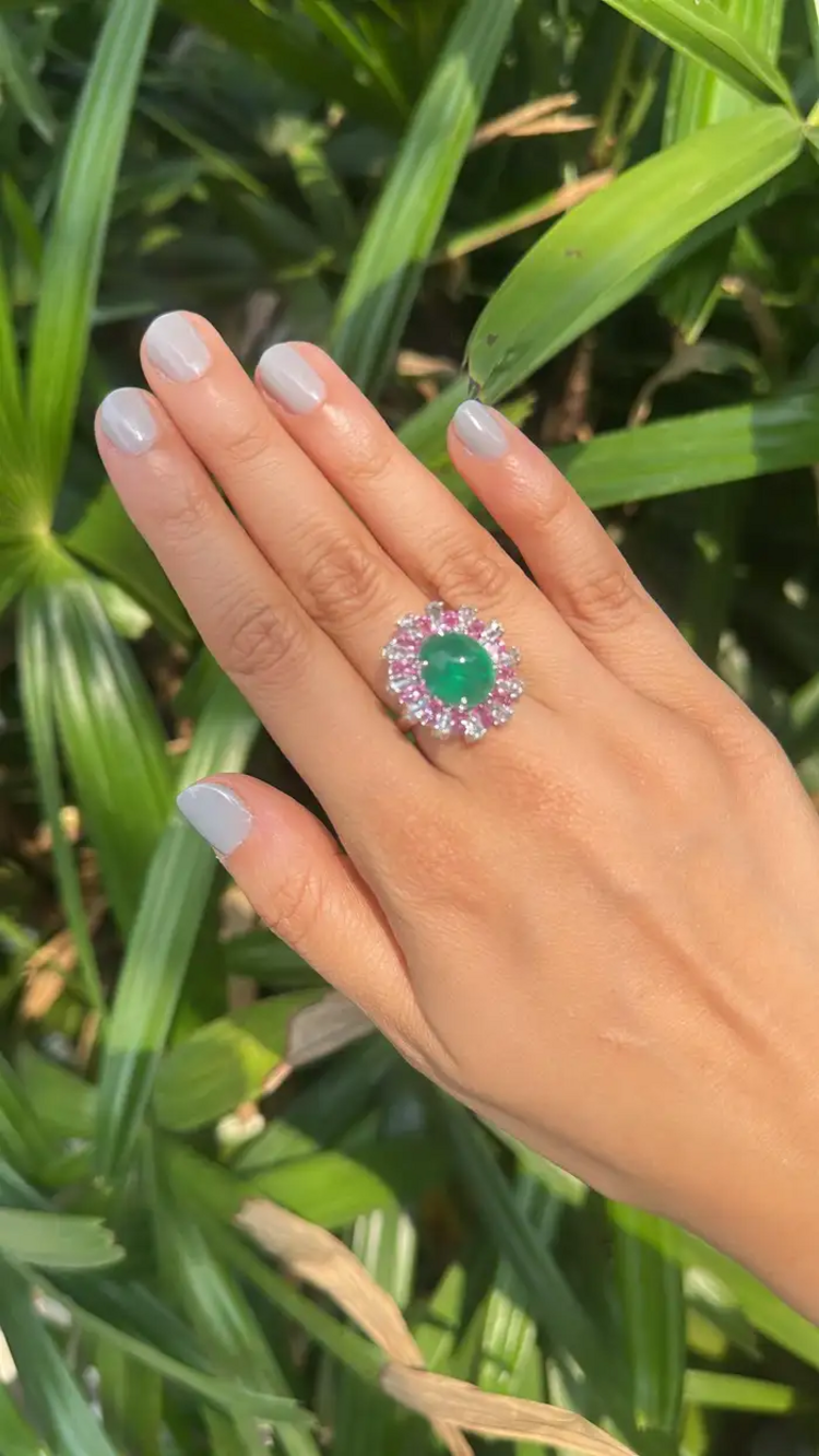Solid 18k White Gold Handmade Cocktail Ring - Natural Zambian Emerald & Pink Sapphire Ring