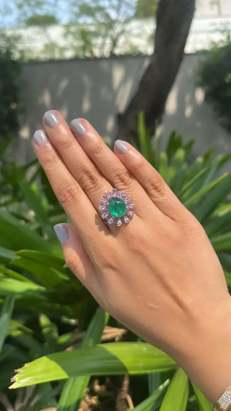 Solid 18k White Gold Handmade Cocktail Ring - Natural Zambian Emerald & Pink Sapphire Ring