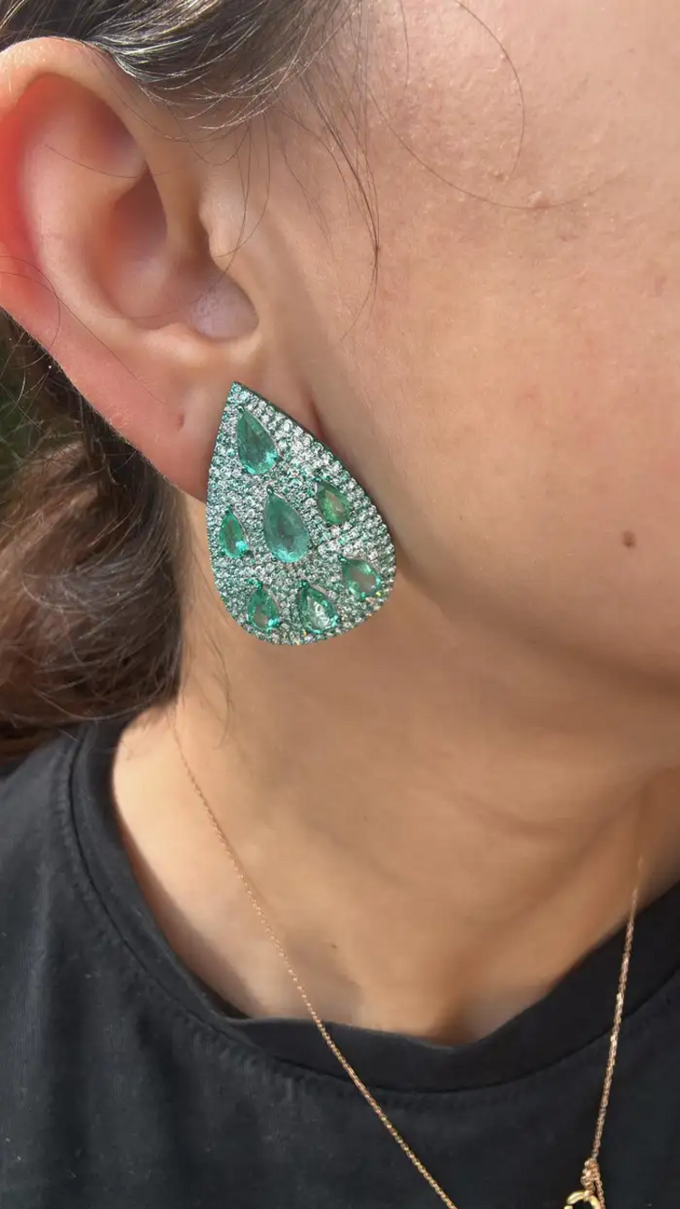 Natural Zambian Emerald & Diamond Pear Shape Earrings - 18k White Gold Earrings With Green Rhodium