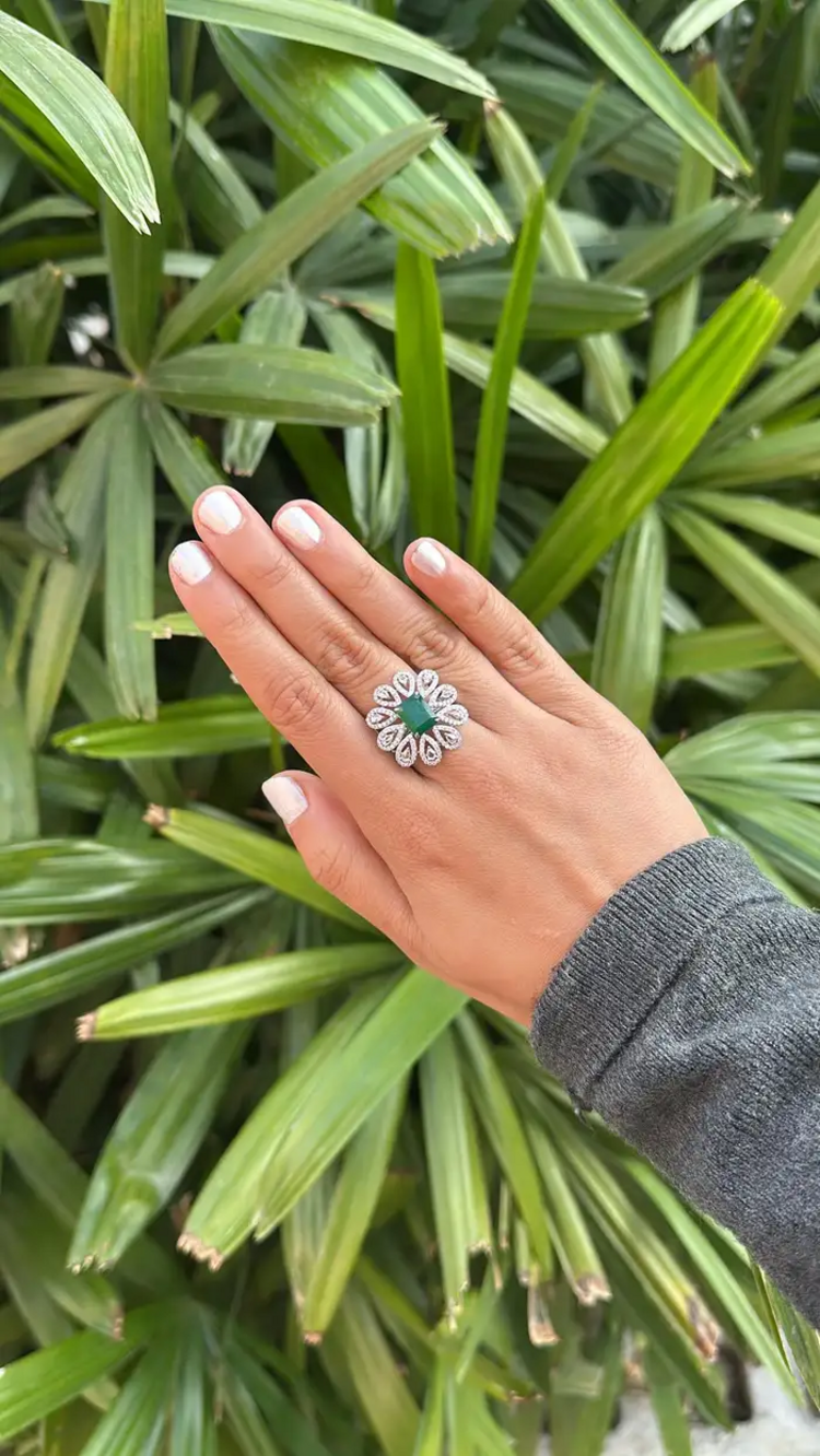 Solid 18k White Gold Diamond Floral Wedding Ring - Natural Zambian Emerald Statement Ring