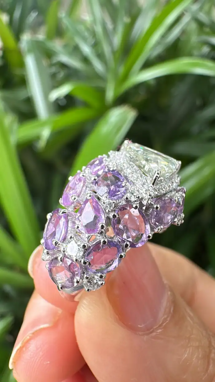 18k White Gold Rose Cut Diamond Ring - Natural Multi Sapphire Wedding Ring