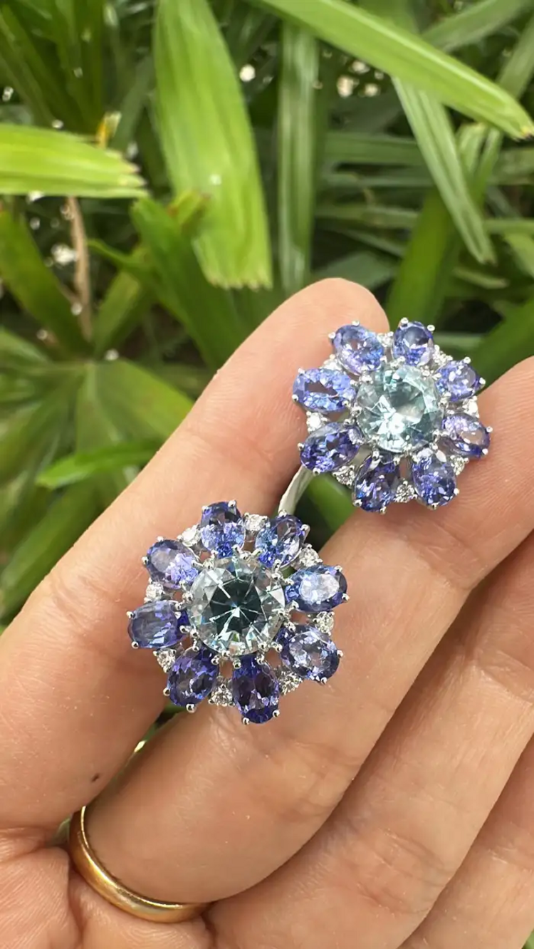 Natural Aquamarine & Tanzanite Gemstone Stud Earrings - 18k White Gold Diamond Handmade Earrings
