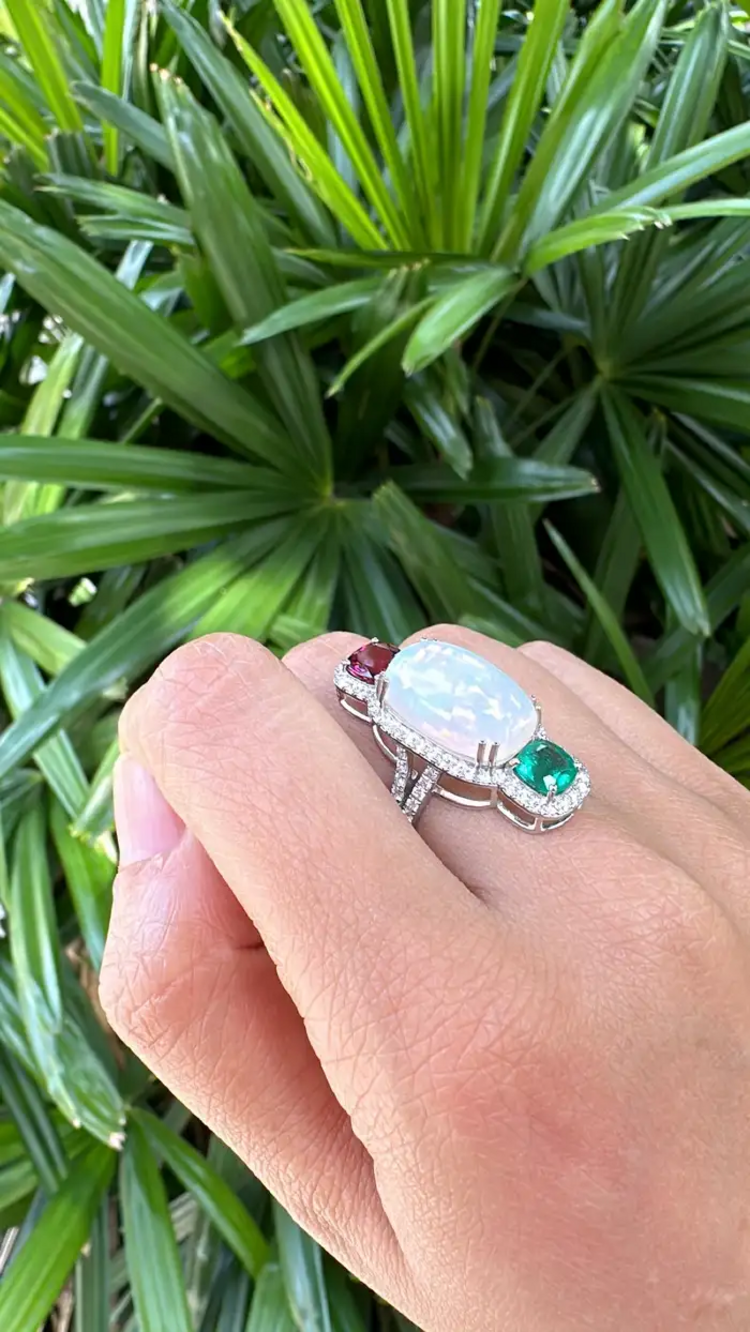 0.84 Ct. Round Cut Diamond 18k White Gold Wedding Ring Natural Ethiopian Opal, Zambian Emerald & Rubellite Gemstone Jewelry Gift