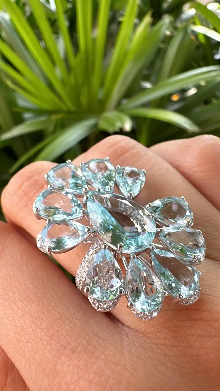 Set in 18K White Gold, 16.20 carats Aquamarine & Diamond oversized Cocktail Ring