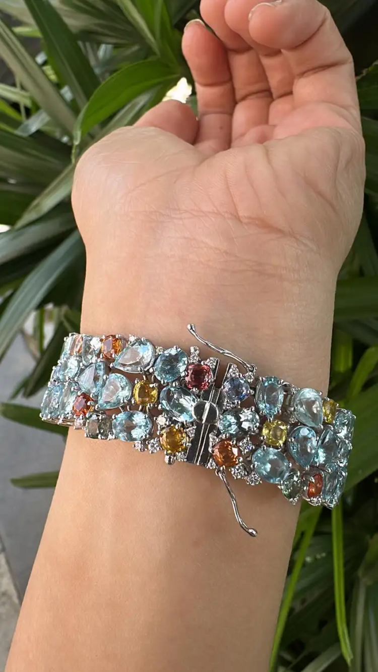 18k White Gold Diamond Statement Bracelet - Natural Aquamarine & Multi Sapphire Bracelet