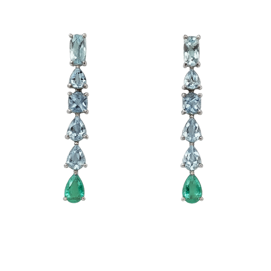 1.71 Ct. Colombian Emerald & Aquamarine Dangle Earrings - Handmade 18k White Gold Diamond Earrings
